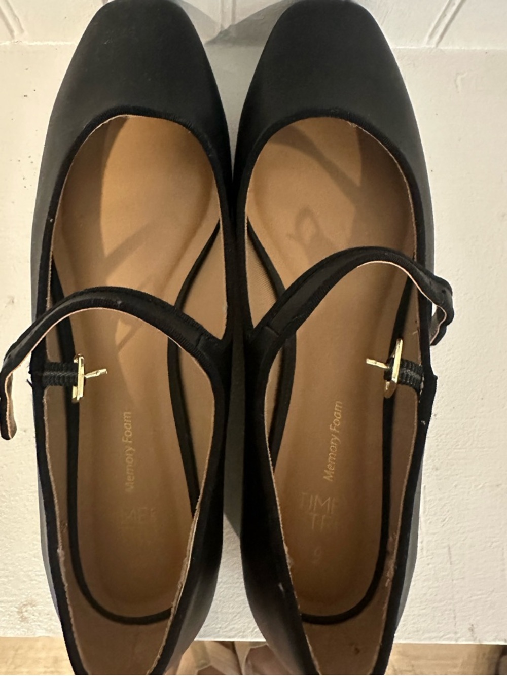 Time and Tru Black Mary Jane Flats with Gold Buckle